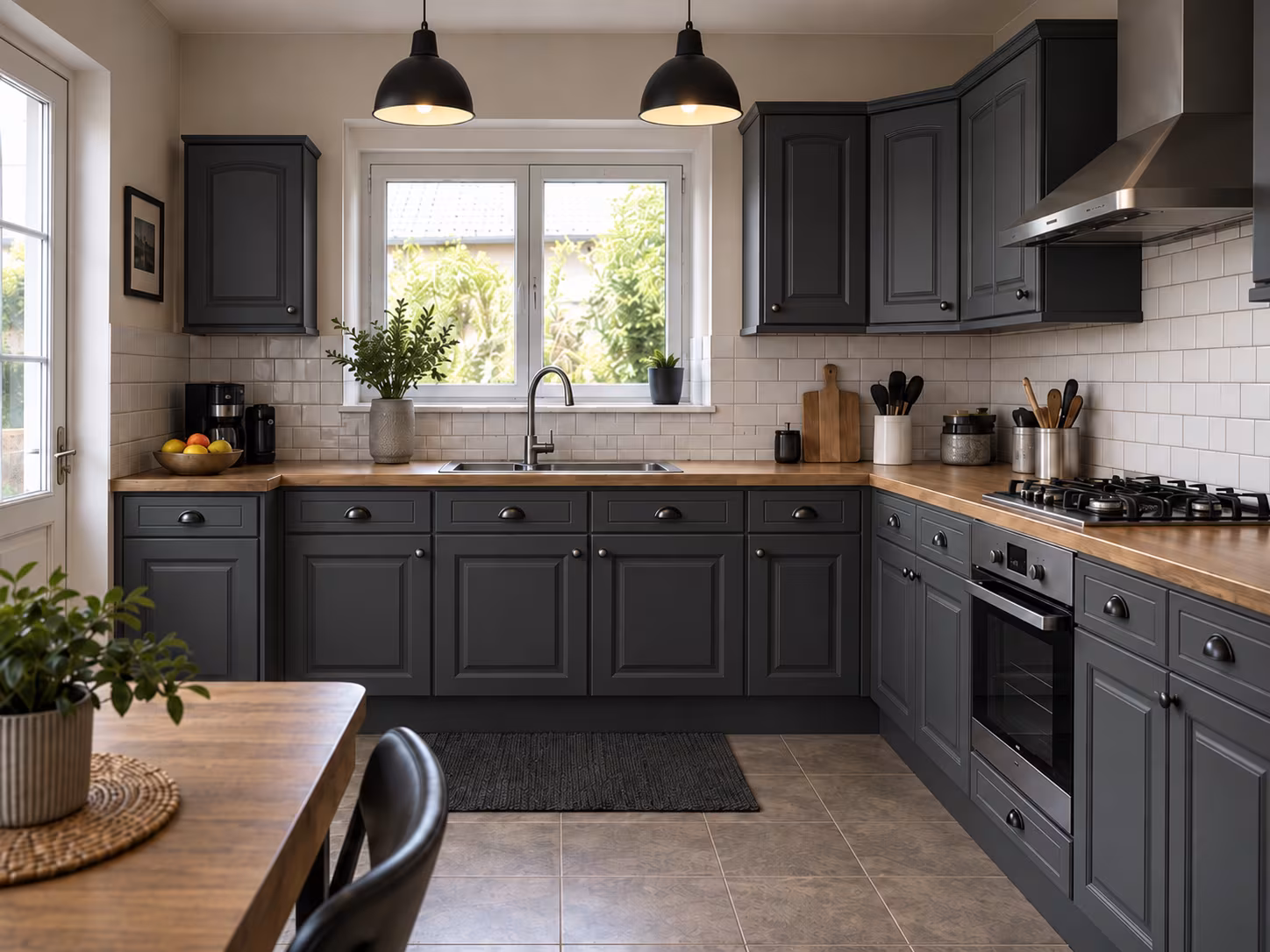 Cuisine dont les façades à moulures sont recouvertes en gris anthracite, plan de travail et crédence inchangés